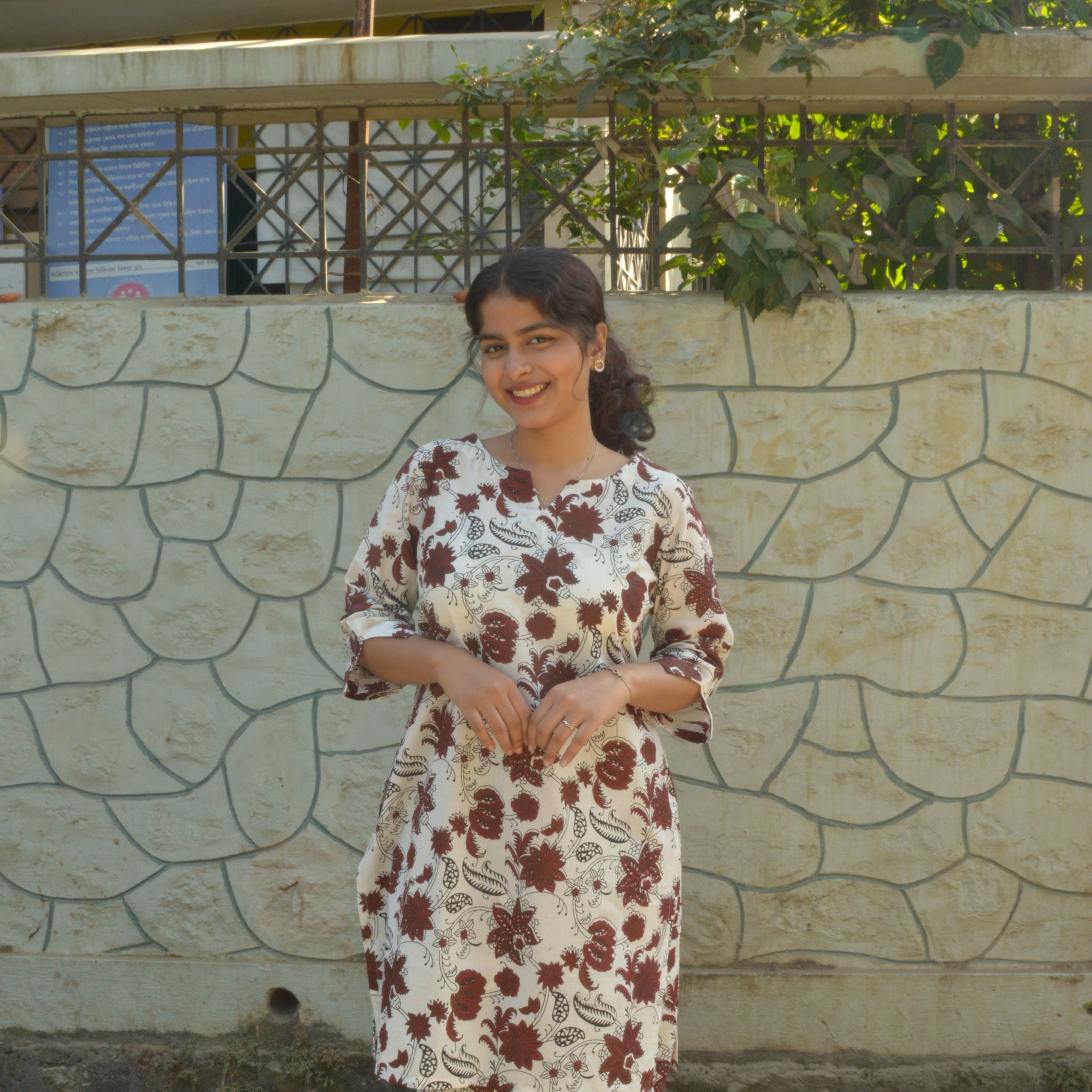 Maron Pure Cotton Floral Printed Kurti Set