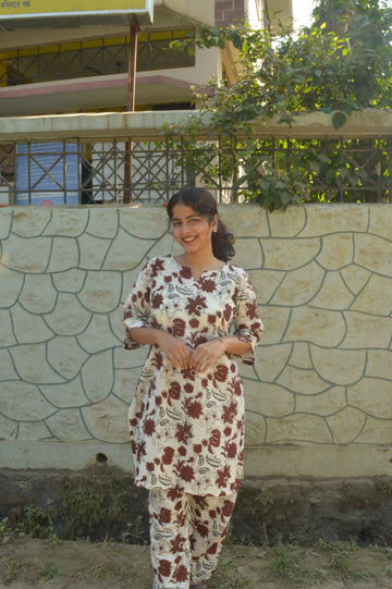 Maron Pure Cotton Floral Printed Kurti Set