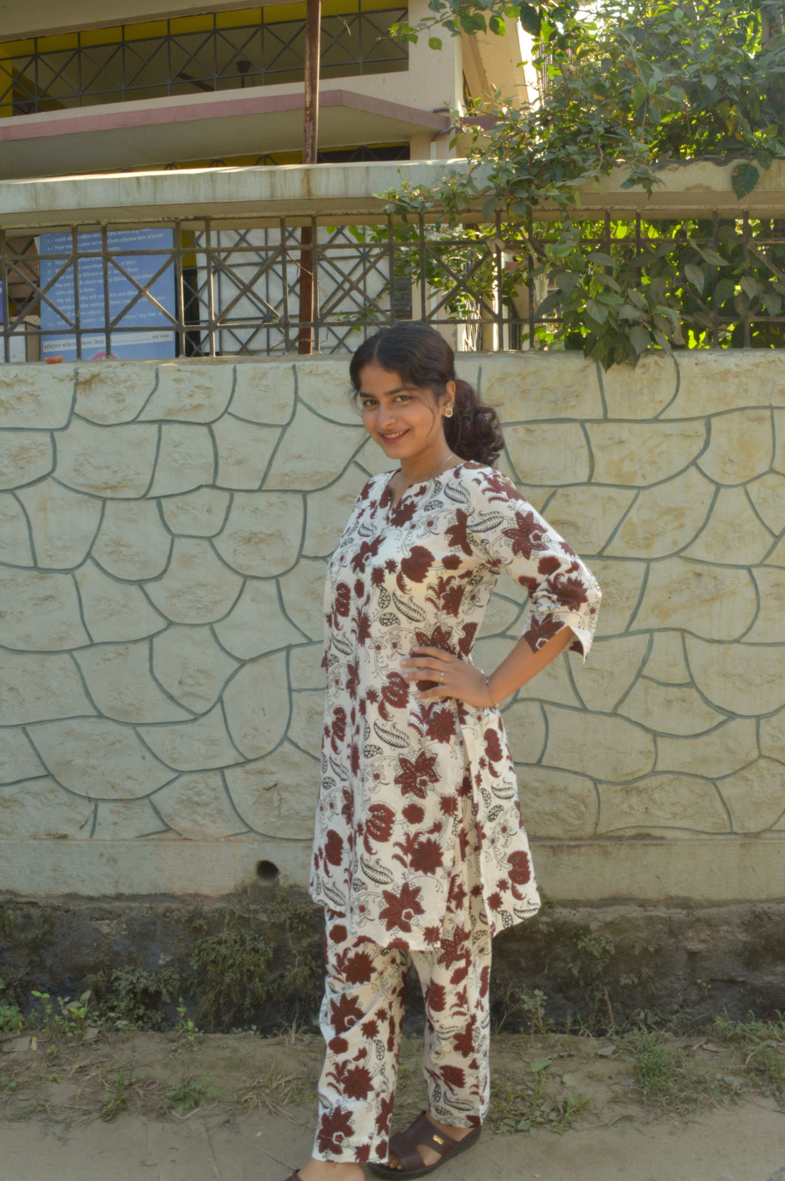 Maron Pure Cotton Floral Printed Kurti Set